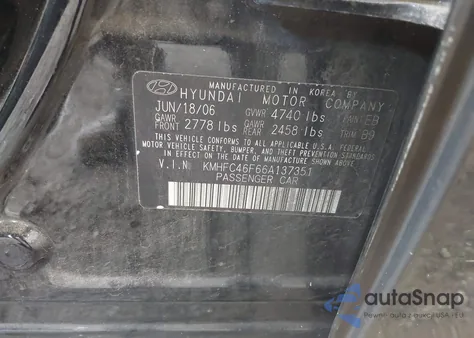 2006 Hyundai Azera Limited/Se из США, поврежденный, VIN KMHFC46F66A137351